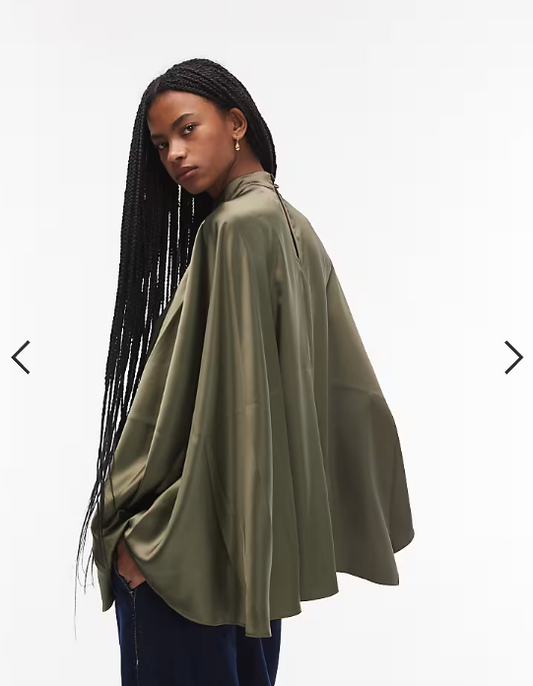 ASOS DESIGN satin volume cape top in dark khaki