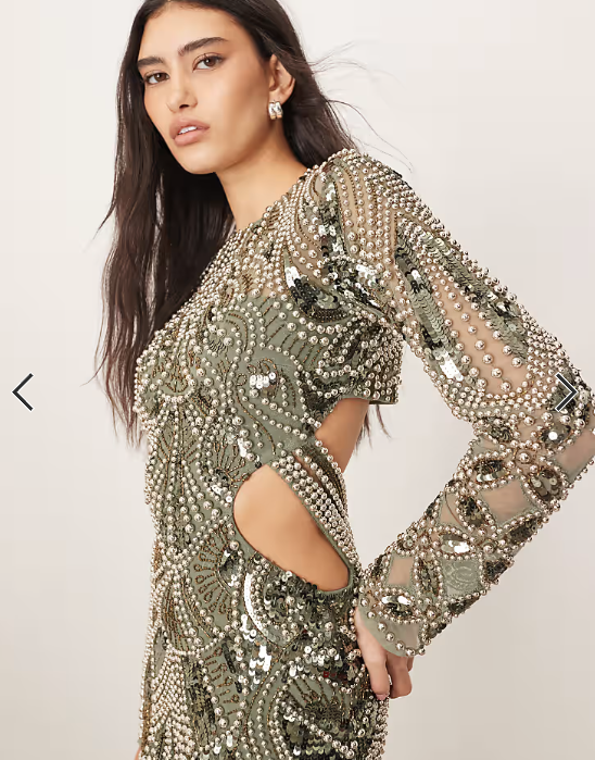 ARRANGE embellished metal look cage cut work maxi dress in dark green