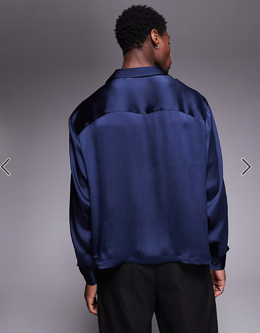 ASOS DESIGN boxy oversized overhead satin shirt in navy