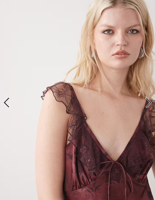 Reclaimed Vintage maxi cami tea dress with flutter lace sleeves in burgundy red floral print