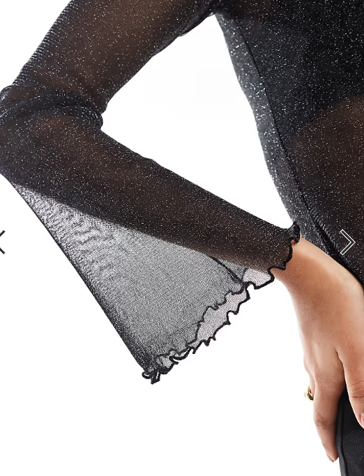 ASOS DESIGN glitter mesh sheer angel sleeve top in black