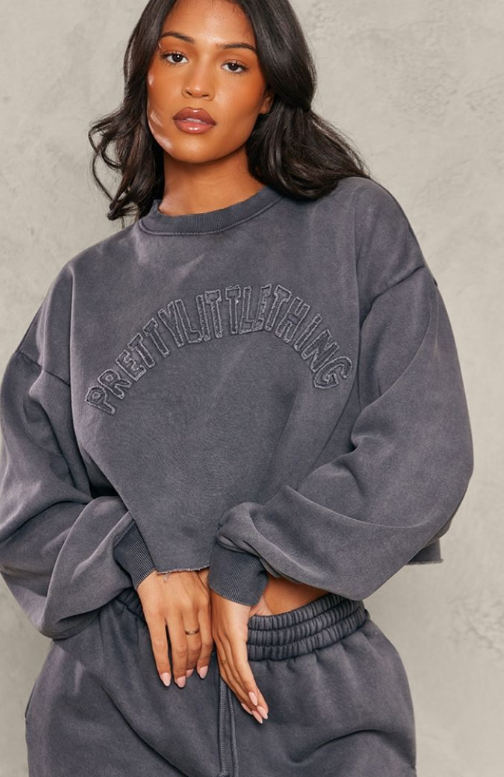 Plt - Tall Charcoal Blue Distressed Varsity Cropped Sweatshirt