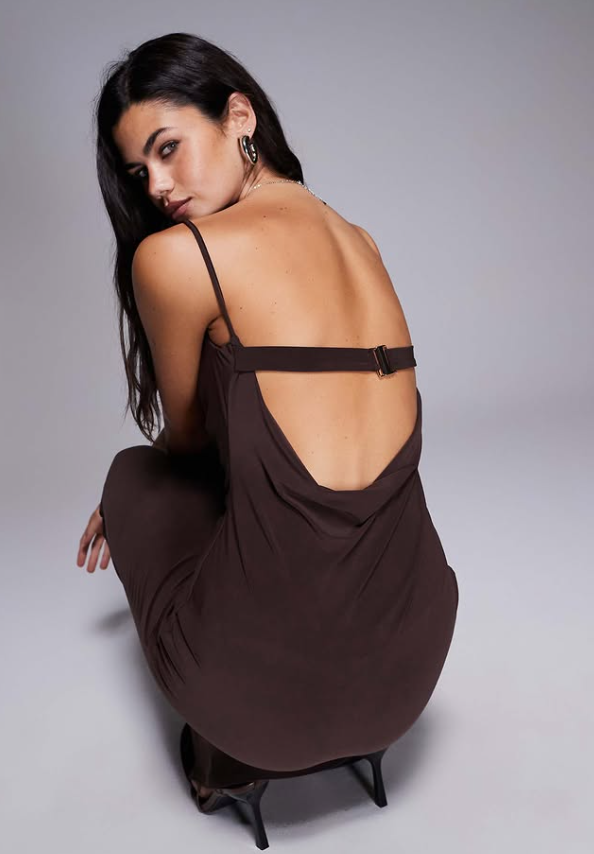 Asos -cowl drape maxi slip dress with faux bra strap in brown