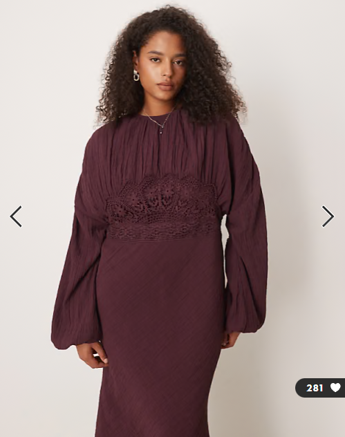 ASOS DESIGN Curve crew neck maxi dress with volume sleeve and lace bust detail in mulberry