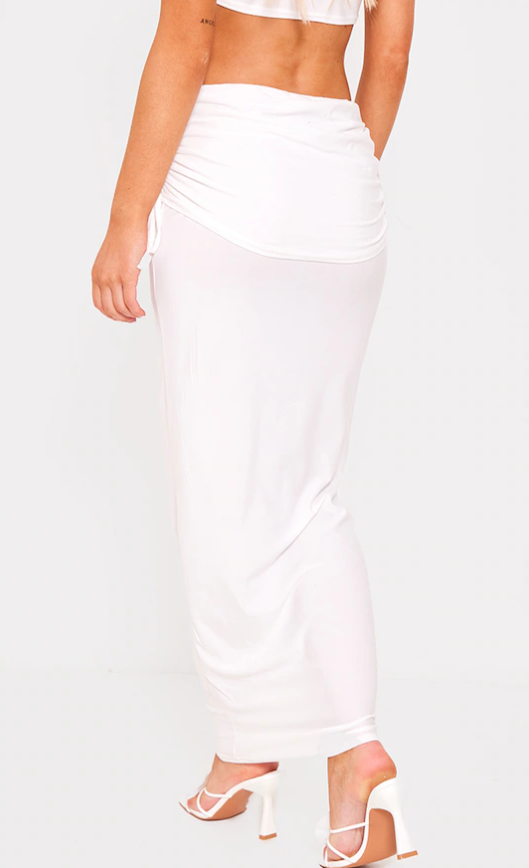 Cream Soft Touch Asymmetric Fold Over Ruched Maxi Skirt