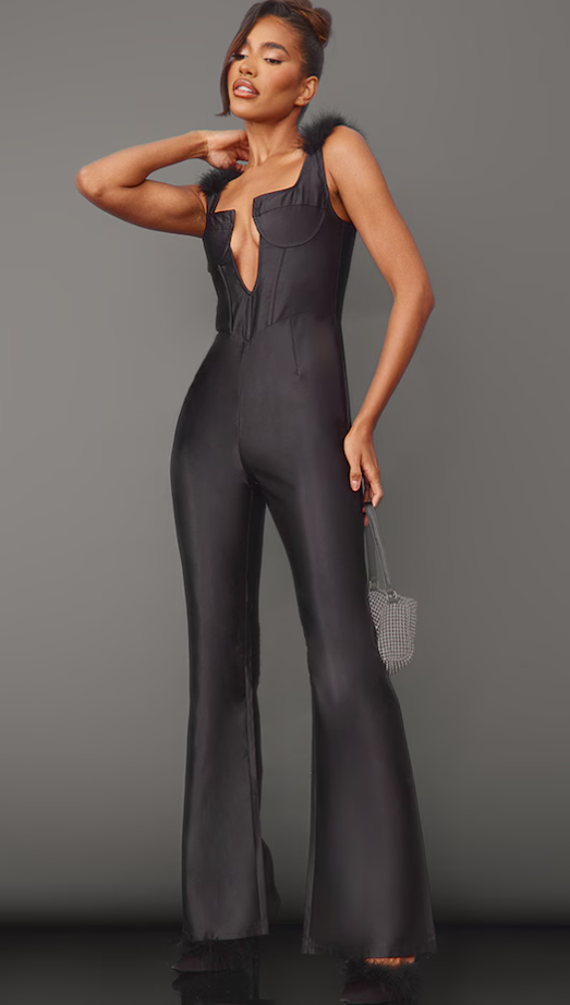 Black Feather Shoulder V Bar Underwired Satin Jumpsuit