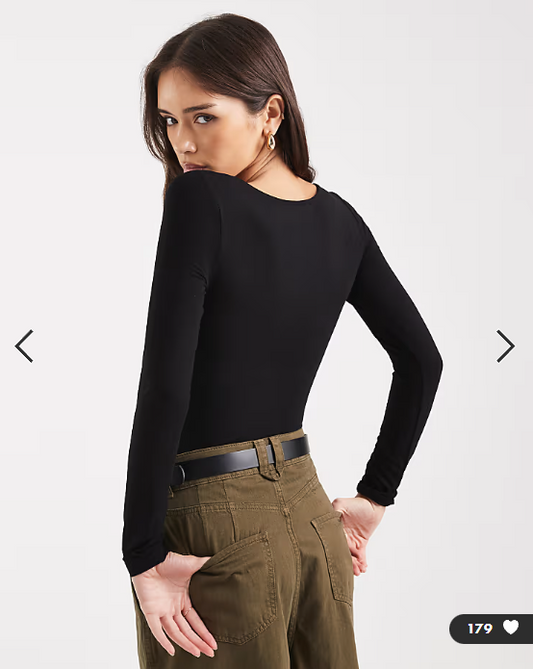 Miss Selfridge wrap long sleeve bodysuit in black