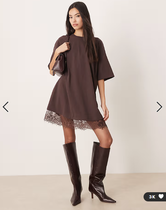 ASOS DESIGN oversized mini dress with lace hem trim in chocolate