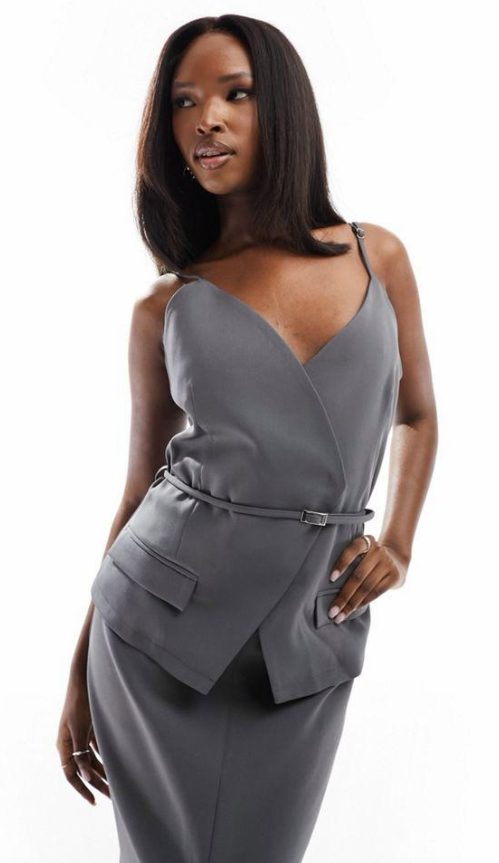 Asos - Women’s Kaiia exclusive tailored buckle detail cami midaxi dress in charcoal