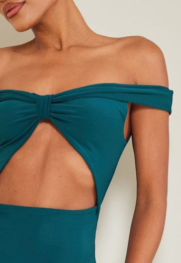 EMERALD GREEN SLINKY BARDOT KNOT DETAIL CUT OUT BODYCON DRESS