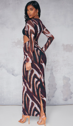 Brown Animal Mesh Cup Long Sleeve Maxi Dress | Dresses