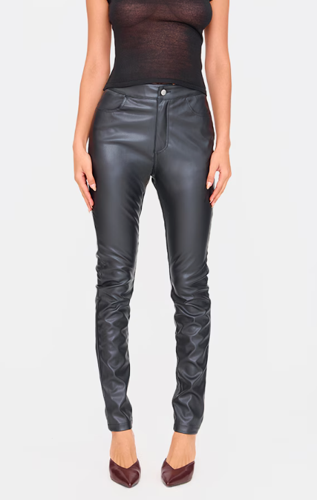 Black Button Up Faux Leather Skinny Trousers