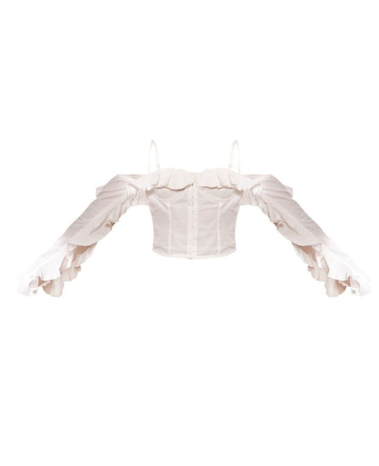 White Linen Look Hook & Eye Frill Sleeve Corset Top