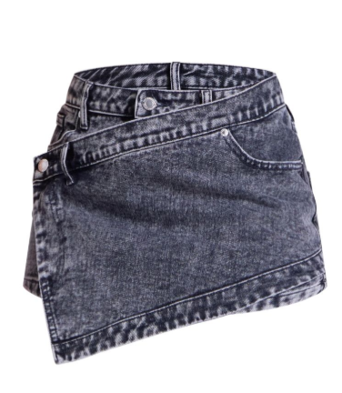 Charcoal Grey Acid Wash Coated Denim Wrap Around Mini Skirt
