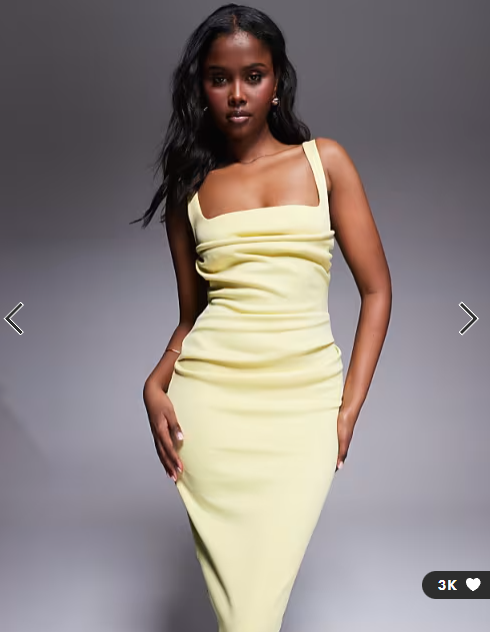 ASOS DESIGN curved neckline midi dress with split in lemon in scuba-style fabric