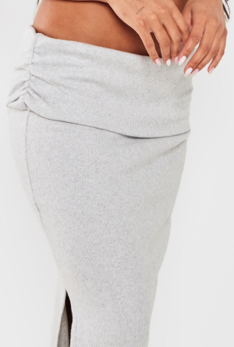 Light Grey Brushed Rib Ruched Detail Foldover Maxi Skirt