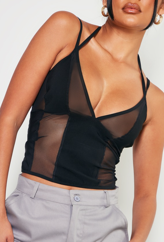 Black Stretch Woven Mesh Panel Detail Strappy Long Top