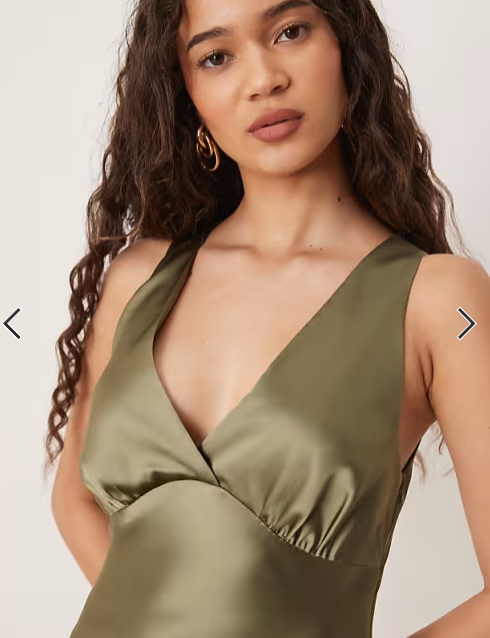 Gina Tricot satin v neck shape maxi dress in khaki