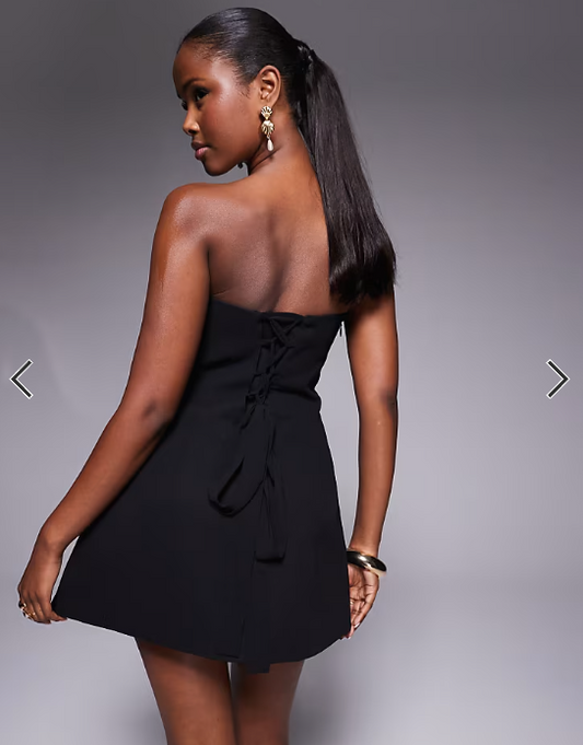 Murci exclusive bandeau plunge neck corsage detail mini dress in black