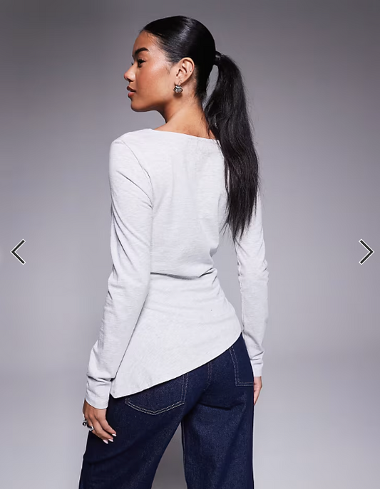 ASOS DESIGN long sleeve top with asymmetric neck and hem in grey marl