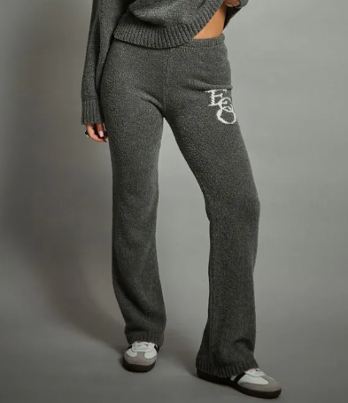 Mid Waist Ego Graphic Straight Leg Trousers In Grey Knit