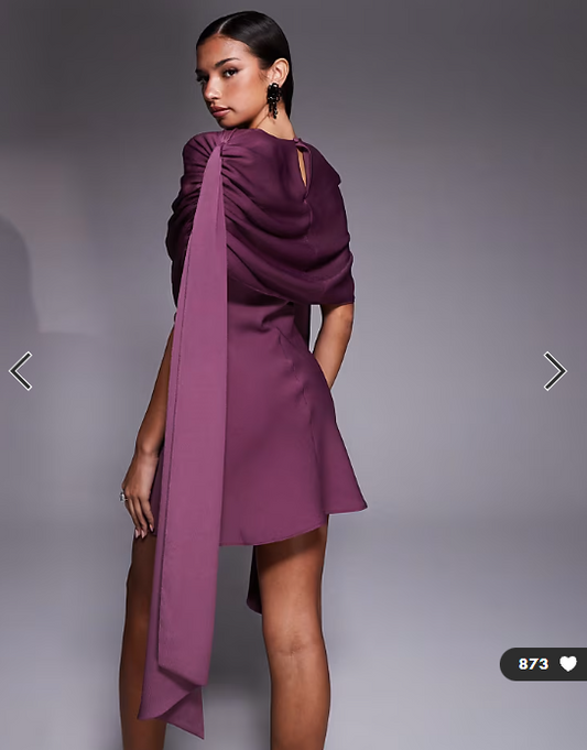 ASOS DESIGN satin shoulder pad mini dress with ruched bodice overlay and side sash details in grape