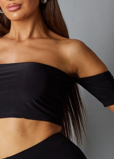 Black Slinky Bardot Short sleeved Crop Top