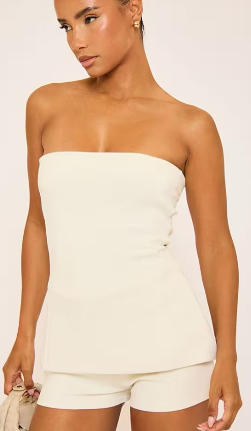 Ego - Bandeau Fitted Interlock Top & low rise hot pants In Cream SET