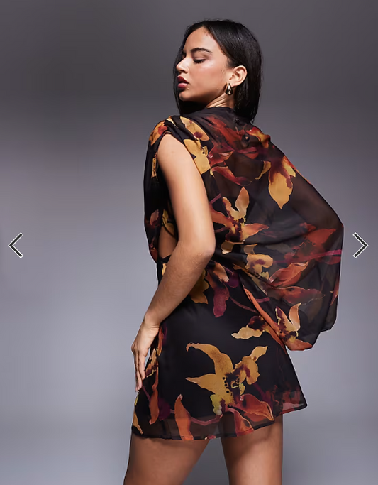 ASOS DESIGN high neck draped asymmetric mini dress with cut out in dark abstract floral