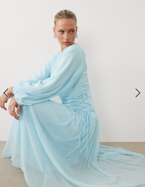 ASOS DESIGN long sleeve chiffon tie detail maxi dress in sky blue