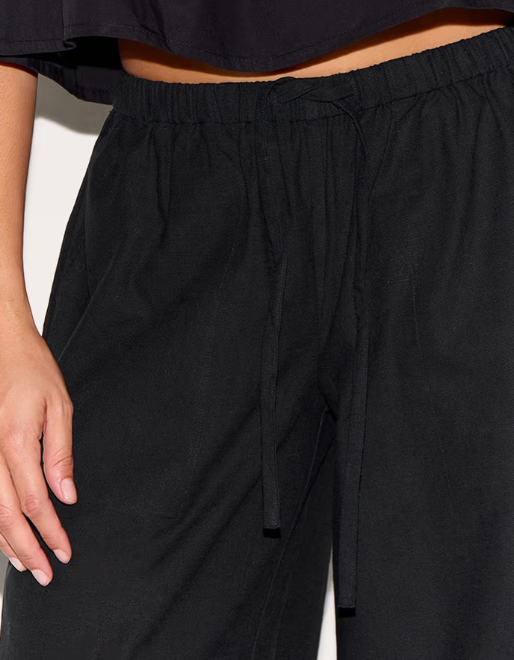 Plt - Petite Black Linen Drawstring Waist Trousers