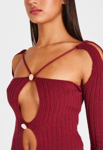 Burgundy Rib Knit Cross Front Gold Trim Mini Dress