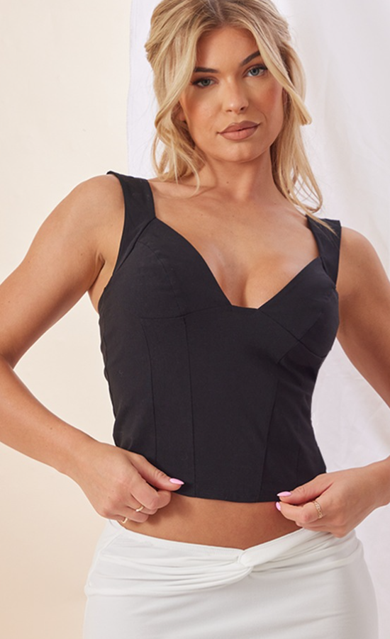 Black Bengaline Stretch Woven Plunge Crop Top