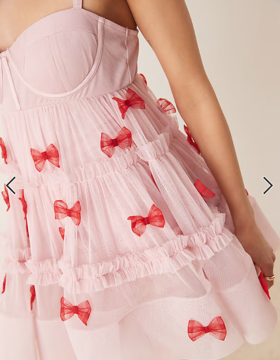 Lace & Beads bow applique babydoll mini dress in pink and red
