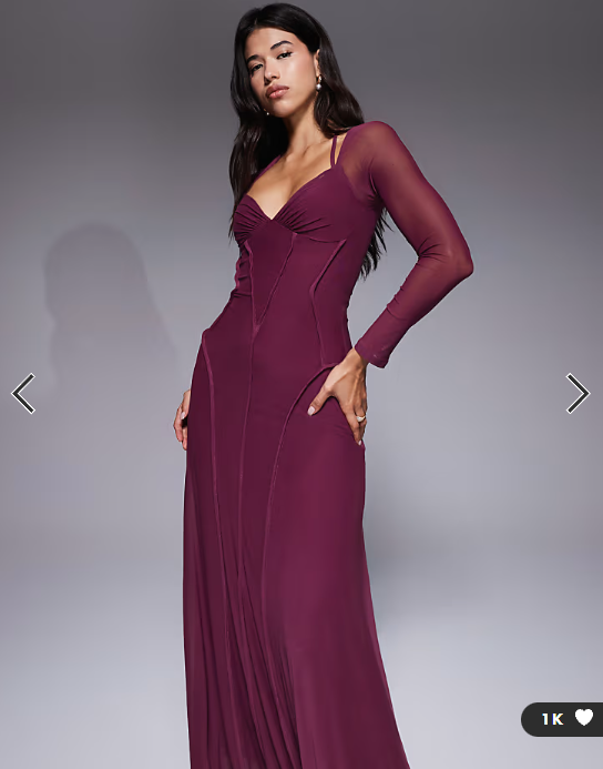 ASOS DESIGN mesh long sleeve maxi dress with exposed seam detail in deep plum