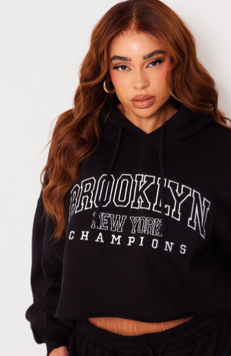 Plus Black Brooklyn Embroidered Raw Hem Cropped Hoodie