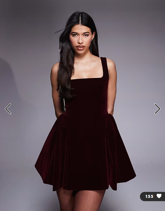 Asos - Wanderdoll Lucky velvet square neck hip detail mini dress in burgundy