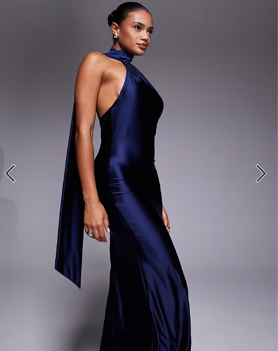 Rare London stretch satin asymmetric scarf detail maxi dress in navy