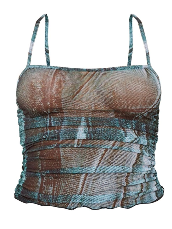 Mesh Denim Print Ruch Front Cut Out Long Top