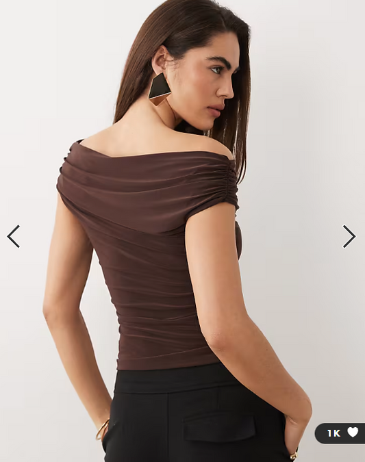 ASOS DESIGN soft touch ruched shoulder grazer top in chocolate