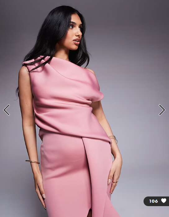 ASOS DESIGN fallen shoulder manipulated fold midi dress in dusty rose in scuba-style fabric