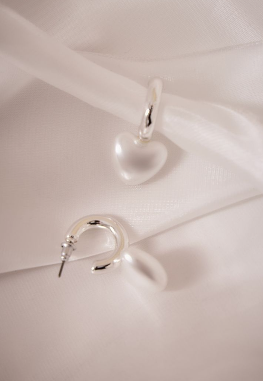 Silver Pearl Heart Detail Hoop Earrings