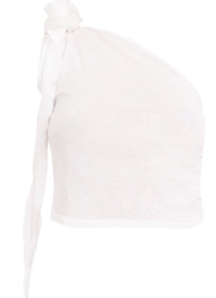 White Burnout Mesh Ruched Side Floral Applique One Shoulder Top