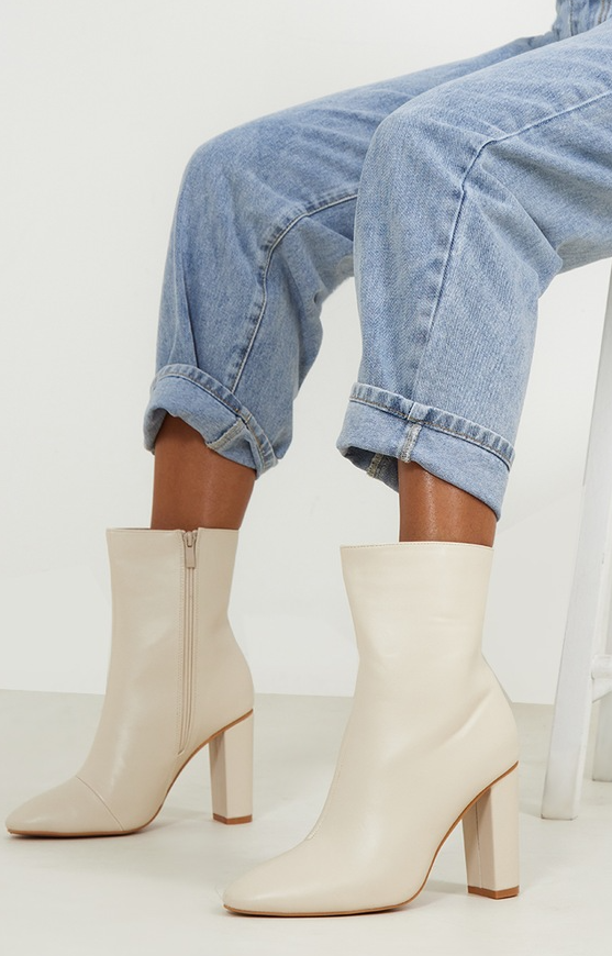 Cream Wide Fit PU Round Toe Back Zip High Block Heeled Ankle Boots
