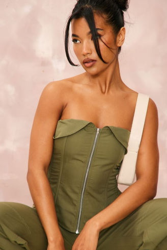 Khaki Woven Foldover Zip Up Cargo Corset