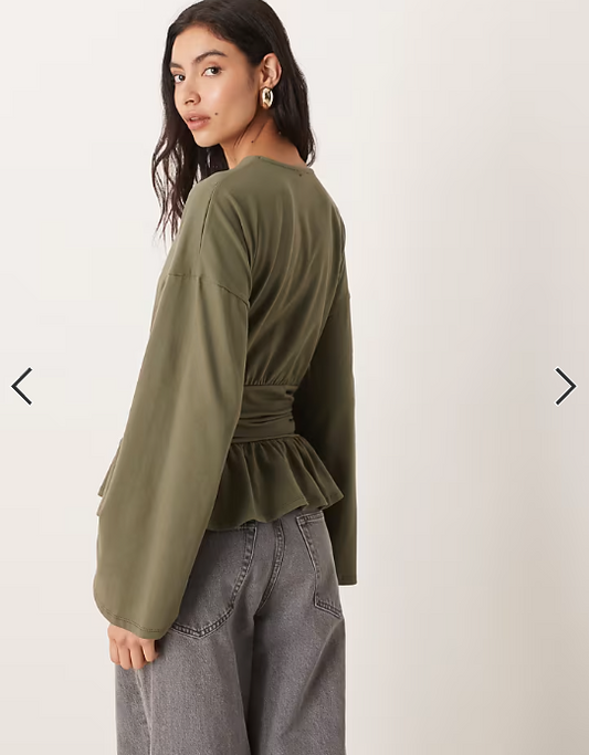 ASOS DESIGN cinched waist peplum hem long sleeve t-shirt in olive