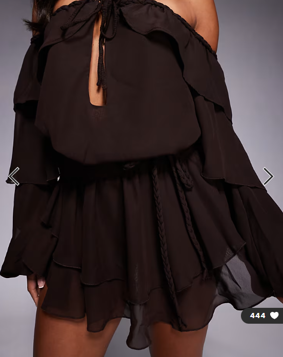 Murci chiffon bardot tiered ruffle mini dress in chocolate