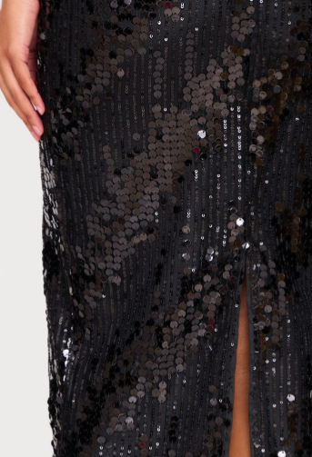Black Sequin Low Rise Split Leg Maxi Skirt