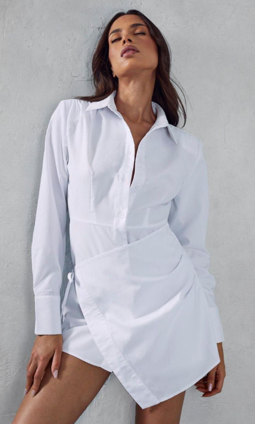 Poplin Wrap Skirt Shoulder Pad Long Sleeve Shirt Dress