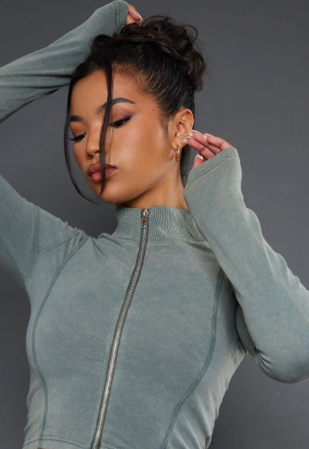 Khaki Acid Washed Pintuck Seam Zip Up Top